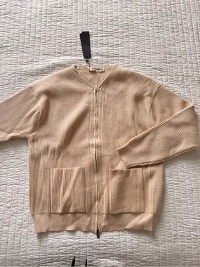 Beige Ribbed Zip Cardigan
